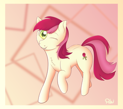 Size: 1800x1600 | Tagged: safe, artist:ponyxwright, roseluck, pony, g4, abstract background, female, one eye closed, solo, wink