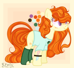 Size: 2500x2300 | Tagged: safe, artist:kk-vantas, oc, oc only, oc:ginger crumbs, duck, earth pony, pony, blank flank, clothes, female, high res, knife, mare, reference sheet, shirt, socks, solo, t-shirt, wristband