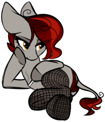Size: 1512x1751 | Tagged: safe, artist:mulberrytarthorse, oc, oc only, donkey, pony, cigarette, clothes, female, fishnet stockings, lace, lingerie, mare, panties, smoking, underwear