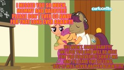 Size: 2048x1152 | Tagged: safe, edit, edited screencap, screencap, mane allgood, scootaloo, snap shutter, earth pony, pegasus, pony, g4, the last crusade, caption, cartoonito logo, cute, excessive exclamation marks, family, female, filly, foal, good end, happy, hug, image macro, love, loving family ponies, loving mother, male, mare, ponyville schoolhouse, scootaloo's parents, scootalove, stallion, sweet, text, unshorn fetlocks