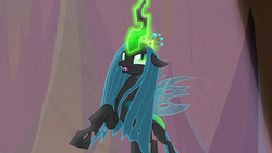 Size: 1920x1080 | Tagged: safe, screencap, queen chrysalis, changeling, changeling queen, frenemies (episode), g4, better way to be bad, crown, female, glowing horn, horn, jewelry, raised hoof, regalia, spotlight