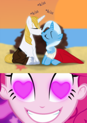 Size: 600x844 | Tagged: safe, artist:evil-dec0y, edit, pinkie pie, prince blueblood, trixie, comic:trixie vs., coinky-dink world, equestria girls, g4, my little pony equestria girls: summertime shorts, female, heart, heart eyes, kissing, male, meme, pinkie's eyes, ship:bluetrix, shipping, shipping domino, straight, wingding eyes