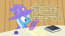 Size: 1280x720 | Tagged: safe, artist:evil-dec0y, trixie, pony, unicorn, comic:trixie vs., comic:trixie vs. hearth's warming, g4, female, horn, letter to santa, magic, mare, quill, starswirl's book, telekinesis, writing