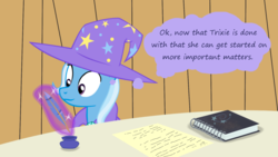 Size: 1280x720 | Tagged: safe, artist:evil-dec0y, trixie, pony, unicorn, comic:trixie vs., comic:trixie vs. hearth's warming, g4, female, horn, magic, mare, quill, starswirl's book, telekinesis