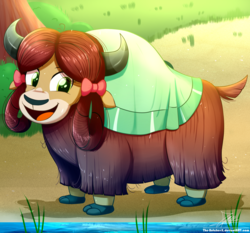 Size: 1871x1742 | Tagged: safe, artist:the-butch-x, yona, yak, g4, season 8, bow, cloven hooves, cute, female, grass, hair bow, happy, monkey swings, open mouth, quadrupedal, smiling, solo, tree, water, yonadorable