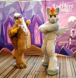 Size: 2154x2214 | Tagged: safe, artist:spainfischer, gilda, rainbow dash, griffon, human, g4, clothes, convention, cosplay, costume, crossed arms, crossed hooves, everfree northwest, everfree northwest 2019, fursuit, high res, irl, irl human, photo, sydneyroo(coser)