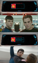 Size: 720x1193 | Tagged: safe, editor:jrshinkansenhorse, idw, sunset shimmer, human, equestria girls, g4, anon-a-miss, comic, fight, irl, irl human, james t kirk, photo, spock, star trek, uss enterprise