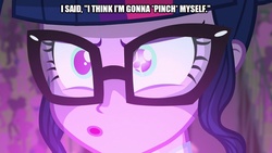 Size: 889x500 | Tagged: safe, edit, edited screencap, screencap, sci-twi, twilight sparkle, equestria girls, g4, mad twience, my little pony equestria girls: friendship games, my little pony equestria girls: summertime shorts, caption, close-up, female, image macro, misheard lyrics, slowpoke, solo, text