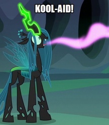 Size: 411x474 | Tagged: safe, edit, edited screencap, screencap, queen chrysalis, changeling, changeling queen, g4, to where and back again, caption, female, horn, image macro, kool-aid, love, solo, text