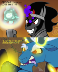 Size: 1460x1800 | Tagged: safe, edit, edited screencap, screencap, grogar, king sombra, pony, sheep, unicorn, frenemies (episode), g4, the beginning of the end, angry, bell, cloven hooves, colored horn, curved horn, glowing horn, grogar's bell, horn, magic, male, ram, stallion, telekinesis