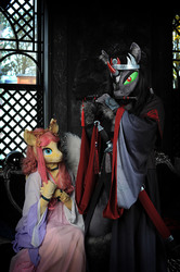 Size: 665x1000 | Tagged: safe, artist:essorille, fluttershy, king sombra, anthro, g4, clothes, flute, fursuit, irl, kimono (clothing), musical instrument, photo, sword, weapon