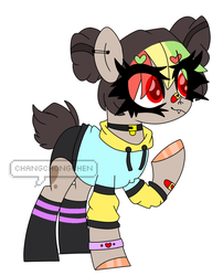 Size: 930x1151 | Tagged: safe, artist:changchongchen, oc, oc only, oc:dracy (ice1517), earth pony, pony, bandaid, bandaid on nose, choker, clothes, collar, ear piercing, earring, fangs, hoodie, jewelry, multicolored hair, piercing, raised hoof, scene kid, shorts, simple background, socks, solo, unshorn fetlocks, white background, wristband