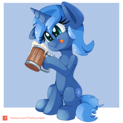 Size: 2000x2000 | Tagged: safe, artist:discorded, oc, oc only, oc:double colon, pony, unicorn, alcohol, cider, female, high res, mug, patreon, patreon logo, patreon reward, sitting, solo, tongue out