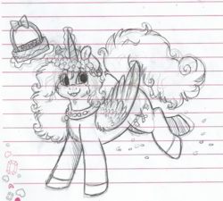 Size: 1014x914 | Tagged: safe, artist:69beas, oc, oc only, oc:jessie feuer, alicorn, pony, alicorn oc, basket, bow, clothes, collar, fangs, female, flower, flower in hair, folded wings, graph paper, jewelry, jumping, levitation, lined paper, looking at you, magic, mare, monochrome, regalia, shoes, smiling, solo, telekinesis, tongue out, traditional art, wings