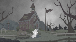 Size: 666x376 | Tagged: safe, artist:zehfox, edit, edited screencap, editor:undeadponysoldier, screencap, spike, dragon, crusaders of the lost mark, g4, abandoned, alone, cold, crossed arms, dead tree, fence, flag, male, orphan, overcast, ponyville schoolhouse, poor spike, rain, sad, sign, solo, tree
