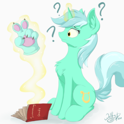 Size: 1500x1500 | Tagged: safe, artist:wolfypon, lyra heartstrings, pony, unicorn, g4, book, female, glowing horn, hand, horn, magic, paw pads, paws, peace sign, question mark, solo, summoning