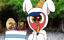 Size: 1920x1200 | Tagged: safe, artist:thebadbadger, oc, oc:phire demon, pony, animal costume, birthday, bunny costume, clothes, costume, easter, holiday