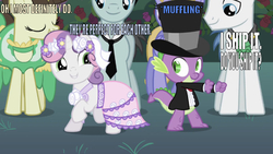 Size: 665x375 | Tagged: safe, edit, edited screencap, editor:undeadponysoldier, screencap, bruce mane, cloud kicker, fine line, maxie, orion, shooting star (g4), spike, sweetie belle, dragon, pegasus, pony, unicorn, a canterlot wedding, g4, bush, caption, clothes, dancing, dress, everyday i'm shufflin', eyes closed, female, filly, flower, flower filly, flower girl, flower girl dress, flower in hair, grass, grin, hat, i ship it, image macro, in-universe brony, in-universe pegasister, looking at each other, male, mare, muffled words, muffling, necktie, rose, ship:spikebelle, shipper on deck, shipping, smiling, stallion, straight, text, top hat, tuxedo, wedding gown