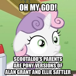 Size: 500x500 | Tagged: safe, editor:wild stallions, mane allgood, snap shutter, sweetie belle, pony, g4, my little pony: friendship is magic, the last crusade, description is relevant, exploitable meme, image macro, jurassic park, meme, scootaloo's parents, sudden clarity sweetie belle, text