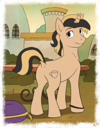 Size: 3300x4200 | Tagged: safe, artist:deannart, oc, oc only, oc:cafe au lait, pony, unicorn, looking at you, looking back, looking back at you, male, solo, stallion