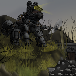 Size: 2000x2000 | Tagged: safe, artist:devorierdeos, oc, oc only, earth pony, pony, fallout equestria, armor, dead tree, fanfic, fanfic art, gun, high res, hooves, male, power armor, solo, stallion, steel ranger, tree, wasteland, weapon
