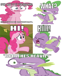 Size: 681x814 | Tagged: safe, edit, edited screencap, editor:undeadponysoldier, screencap, pinkie pie, spike, dragon, earth pony, pony, g4, angry, breathing heavily, caption, female, funny, image macro, male, mare, meme, new student starfish, reference, simple background, spongebob squarepants, text, white background, winged spike, wings, wrong aspect ratio, yelling