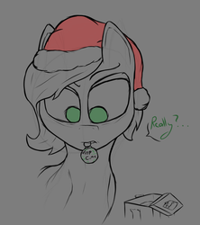 Size: 1642x1852 | Tagged: safe, artist:enragement filly, oc, oc:filly anon, pony, christmas, female, filly, hat, holiday, present, really?, santa hat, sketch
