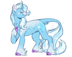 Size: 963x768 | Tagged: safe, artist:wanderingpegasus, trixie, classical unicorn, pony, unicorn, g4, cloven hooves, curved horn, eye markings, eyes closed, female, horn, leonine tail, mare, smiling, solo, unshorn fetlocks