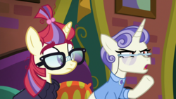 Size: 1920x1080 | Tagged: safe, screencap, first folio, moondancer, pony, unicorn, g4, the point of no return, clothes, duo, female, glasses, mare, raised hoof, sweater, the tasty treat