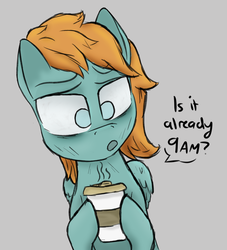 Size: 1960x2160 | Tagged: safe, artist:enragement filly, oc, oc:couch crasher, pegasus, pony, coffee, coffee cup, cup, dialogue, female, mare, secret santa, tired