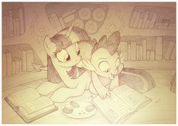 Size: 1789x1265 | Tagged: safe, artist:sherwoodwhisper, spike, twilight sparkle, dragon, pony, unicorn, g4, book, cookie, cute, duo, female, food, golden oaks library, male, mare, monochrome, pencil drawing, prone, reading, traditional art, unicorn twilight
