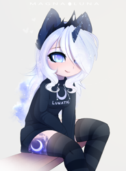 Size: 2076x2819 | Tagged: safe, artist:magnaluna, princess luna, human, g4, clothes, cute, cutie mark on human, female, high res, hoodie, horn, horned humanization, human female, humanized, looking at you, sitting, socks, solo, thigh highs