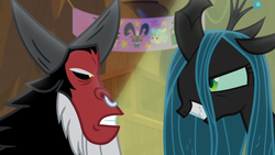 Size: 1280x720 | Tagged: safe, screencap, lord tirek, queen chrysalis, changeling, changeling queen, frenemies (episode), g4, duo, female, looking at each other, spotlight