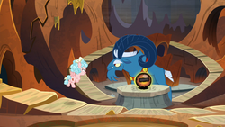 Size: 1280x720 | Tagged: safe, screencap, cozy glow, grogar, pegasus, pony, sheep, frenemies (episode), g4, butt, cozy glutes, crystal ball, duo, duo male and female, evil lair, female, filly, foal, grogar is not amused, grogar's lair, grogar's orb, lair, male, plot, ram
