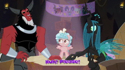 Size: 1280x720 | Tagged: safe, screencap, cozy glow, grogar, lord tirek, queen chrysalis, centaur, changeling, changeling queen, pegasus, pony, frenemies (episode), g4, animated, better way to be bad, cozy glow is not amused, female, filly, flexing, foal, pointing, singing, sound, subtitles, torch, webm