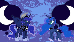 Size: 1024x590 | Tagged: safe, artist:alicehumansacrifice0, artist:dashiesparkle edit, artist:jaquelindreamz, artist:ooklah, edit, princess luna, alicorn, pony, g4, armor, ethereal mane, female, female to male, half r63 shipping, hoof shoes, lesbian, male, mare, prince artemis, rule 63, self paradox, self ponidox, selfcest, ship:lunacest, ship:lunartemis, shipping, stallion, starry mane, straight, wallpaper, wallpaper edit