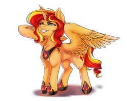 Size: 2400x1900 | Tagged: safe, artist:arinadler, sunset shimmer, alicorn, pony, g4, alicornified, female, grin, hoof shoes, peytral, race swap, shimmercorn, simple background, smiling, solo, spread wings, white background, wings