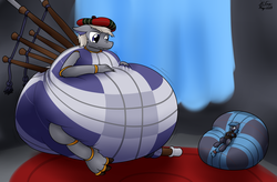 Size: 3107x2038 | Tagged: safe, artist:the-furry-railfan, oc, oc only, oc:hylund, oc:night strike, original species, pegasus, pony, bagpipe dragon, belly, big belly, cave, clothes, curtains, cushion, hat, high res, huge belly, impossibly large belly, inflation, jacket, plaid, rug, squishy, story included, tam o' shanter, tartan