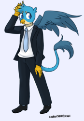 Size: 2010x2881 | Tagged: safe, artist:rainbowsprinklesart, gallus, anthro, plantigrade anthro, clothes, male, necktie, shoes, simple background, solo, suit