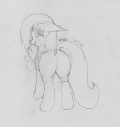 Size: 3259x3452 | Tagged: safe, artist:wapamario63, fluttershy, pony, g4, butt, cute, female, flutterbutt, high res, looking at you, mare, monochrome, plot, rear view, smiling, solo, traditional art