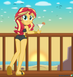 Size: 5000x5206 | Tagged: safe, artist:keronianniroro, sunset shimmer, equestria girls, equestria girls series, absurd resolution, ass, beach, bikini, bikini bottom, bunset shimmer, butt, clothes, cocktail, cocktail glass, feet, female, flip-flops, looking at you, looking back, looking back at you, ocean, sand, sandals, sexy, signature, solo, stupid sexy sunset shimmer, summer sunset, sunset, sunset shimmer's beach shorts swimsuit, swimsuit