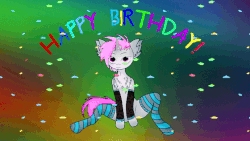 Size: 690x388 | Tagged: safe, artist:yellow-glaze, oc, oc only, oc:purple light, pony, unicorn, animated, clothes, happy, happy birthday, looking at you, socks, solo, striped socks, vector