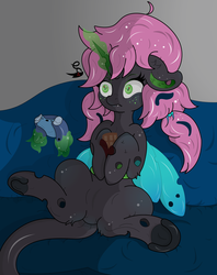Size: 2438x3071 | Tagged: safe, artist:lunarcipher1, oc, oc only, oc:oculus, changeling, big hair, bloodshot eyes, controller, couch, female, freckles, gaming, glowing wings, green changeling, high res, magic, original character do not steal, pink hair, sitting, solo, wings