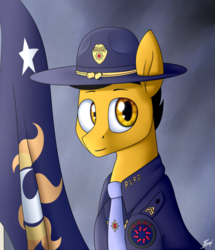 Size: 582x676 | Tagged: safe, artist:thepascaal, oc, oc:darren cuffs, pony, campaign hat, chevrons, dress uniform, flag, hat, necktie, patch, police, police officer, police uniform