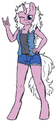 Size: 908x1960 | Tagged: safe, artist:thehappyspaceman, derpibooru exclusive, oc, unicorn, anthro, unguligrade anthro, clothes, colored sketch, devil horn (gesture), female, long mane, long tail, mare, one eye closed, shirt, shorts, sketch, tank top, vest, wink