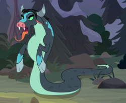 Size: 725x595 | Tagged: safe, screencap, queen chrysalis, ophiotaurus, frenemies (episode), g4, cloven hooves, cropped, disguise, disguised changeling, female, forked tongue, open mouth, solo