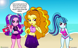 Size: 1500x927 | Tagged: safe, artist:dieart77, adagio dazzle, aria blaze, sonata dusk, equestria girls, g4, my little pony equestria girls: rainbow rocks, beach, belly button, breasts, cleavage, clothes, dialogue, female, insult, looking at you, midriff, ocean, one-piece swimsuit, pigtails, ponytail, radio, sand, sarong, smiling, speech bubble, swimsuit, the dazzlings, twintails