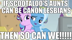 Size: 1920x1080 | Tagged: safe, edit, edited screencap, screencap, starlight glimmer, trixie, pony, unicorn, g4, road to friendship, the last crusade, bedroom eyes, canon, caption, excessive exclamation marks, female, image macro, implied aunt holiday, implied auntie lofty, implied lofty day, lesbian, lidded eyes, mare, meme, ship:startrix, shipping, text