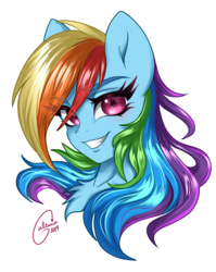 Size: 1280x1612 | Tagged: safe, artist:yukie-shan, rainbow dash, pony, g4, anatomically incorrect, bust, chest fluff, cute, dashabetes, eye clipping through hair, female, grin, mare, portrait, simple background, smiling, solo, transparent background