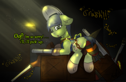 Size: 1847x1205 | Tagged: safe, artist:scarrly, oc, oc only, oc:scotch tape, earth pony, pony, fallout equestria, fallout equestria: project horizons, belt, dialogue, double barreled shotgun, fallout, fanfic art, flame thrower, flamer, grenade launcher, gun, mini nuke, rpg, smol, solo, utility belt, weapon, welding mask